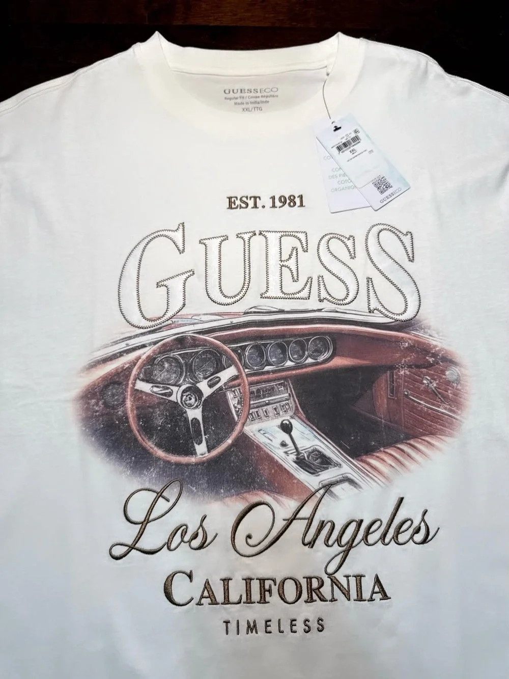 Guess White Short-Sleeve Tee with Brown Vintage Car Graphic - Picture 3 of 5